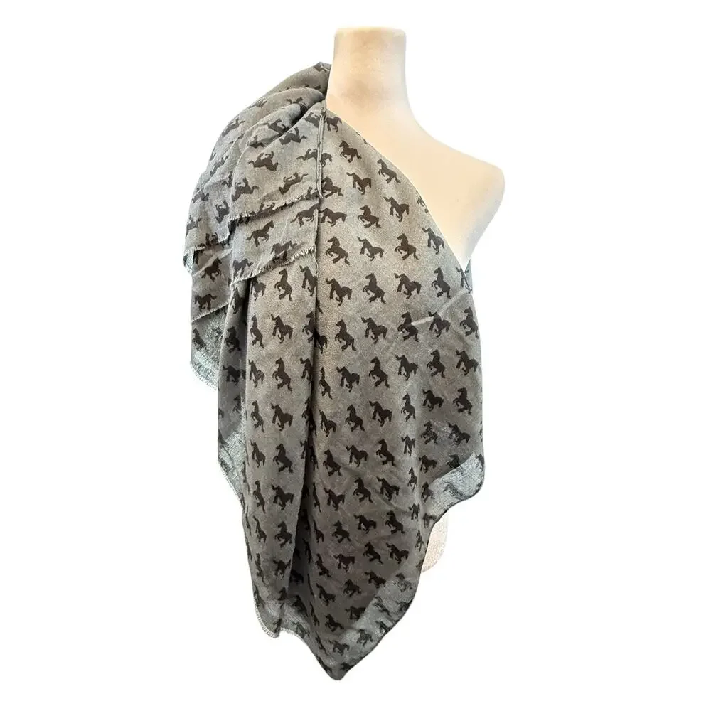 Semi-Sheer Soft Viscose Horse Print Rectangle Scarf Shawl Gray Black Western